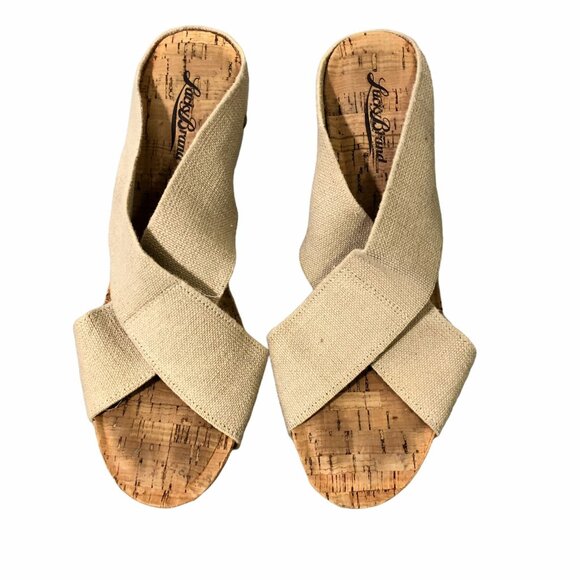 Lucky Brand Cork Wedge Womens 8.5 M Slip Ons Straps Beige Miller 2 Mules - Picture 2 of 10